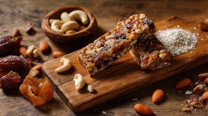 Nuts and dried fruits are arranged on a wooden board. Two chewy snack bars sit beside a bowl of raw nuts. The scene is light and bright showing a kitchen atmosphere.