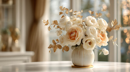 Elegant floral arrangement of roses in a vase, perfect for a romantic setting. This beautiful bouquet of roses is ideal for creating a cozy and romantic atmosphere for any special occasion