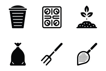Gardening, planting, and waste collection outline glyph icon set