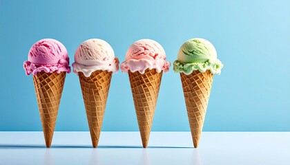 Five colorful ice cream cones in a row on bright blue background