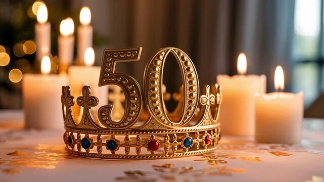 Royal 50th birthday crown with glowing candles on elegant table