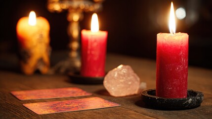 Candles, tarot cards, and crystals in dim room during evening ritual