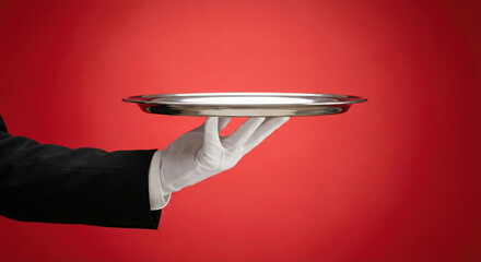 Butler's Hand Holding Empty Silver Serving Platter Against Red Background