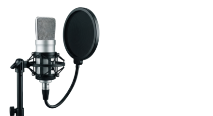 Professional-grade studio condenser microphone, silver and matte black, black shock mount, pop filter, isolated on transparent background, high-key lighting, concept of professional digital