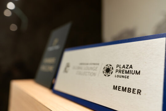 American Express and Priority Pass signage at Plaza Premium Lounge