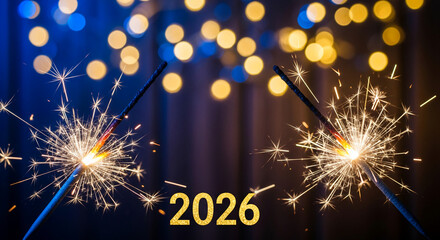 Two sparklers, golden bokeh on dark blue background. Golden "2026". Celebration, light, and vibrant energy, representing festivity, joy, and future events