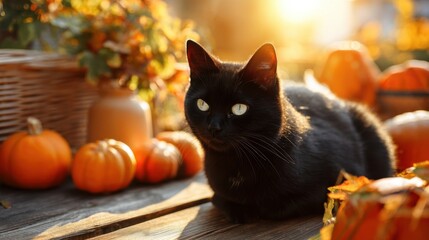 A black cat is lying down next to several pumpkins during the autumn season. The sunlight is shining through creating a warm atmosphere in the garden.
