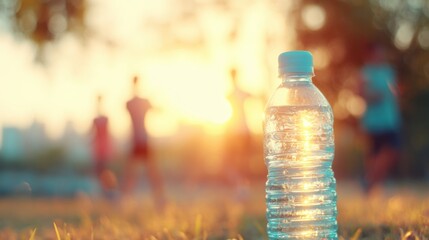 Bright sunset with water bottle and people exercising in the background