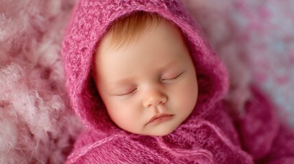 Baby sleeps in pink hooded outfit on soft blanket in cozy indoor space
