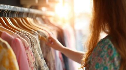 Woman shopping for clothes in a store during sunset