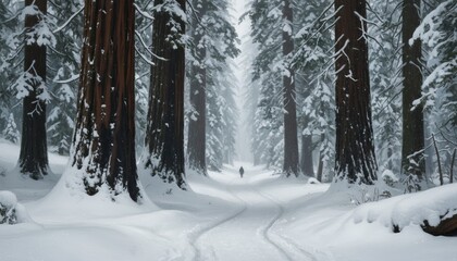 Giant snow-covered sequoia trees create a dramatic pathway in a serene winter forest as a lone figure walks into the atmospheric fog