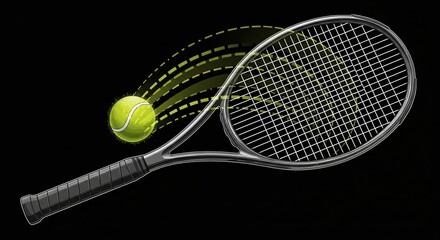 Dynamic tennis racket striking a vibrant ball with energetic motion lines against a stark black background, capturing the thrill of the game.