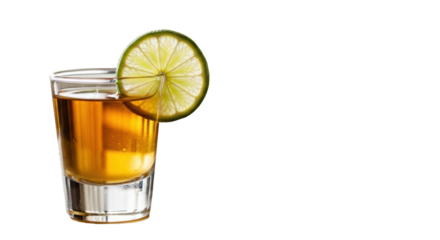 Crystal shot glass, golden amber liquid, green lime wedge, condensation, on minimalist surface, blurred elegant bokeh background, soft warm lighting, luxurious celebration