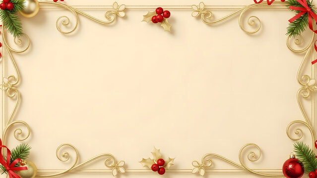 Christmas holiday frame with golden ornate swirls, fir branches, red berries, and festive ornaments on a beige background - Powered by Adobe