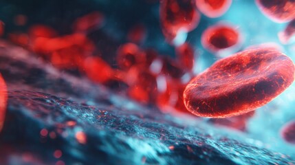 Close view of red blood cells moving through blood vessels in the human body