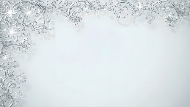 Elegant silver winter border with intricate floral scrollwork and sparkling snowflakes on a soft gradient background
