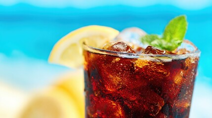 Refreshing cold drink with lemon and mint by the beach in summer