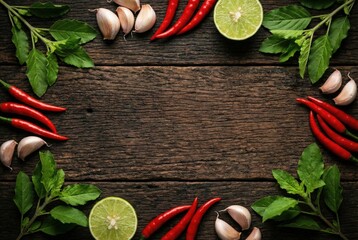 Fresh Thai food cooking ingredients frame with red chili peppers garlic cloves green lime and basil leaves on rustic dark wood texture background top view flat lay concept for spicy menu design