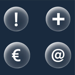 Obraz premium Gradient Symbol Buttons – Exclamation, Plus, Euro, At Icons in Circular Format, 3D Glossy UI Elements on Dark Background, Minimal Vector Design for App Interface, Web, Finance, or Communication Use