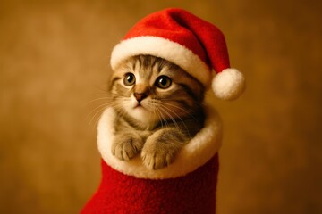 A cat wearing a Santa hat is sitting in a red stocking