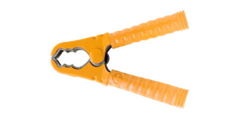 Close-up view of a bright orange clamp with textured handles and metallic jaws, isolated on transparent background