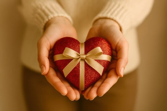 A person is holding a red heart with a bow around it - Powered by Adobe