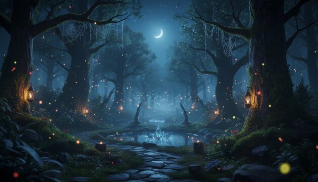 Enchanted magical forest clearing at night with a glowing crystal in a pond, hanging lanterns, and sparkling fireflies illuminating a mystical path under a crescent moon