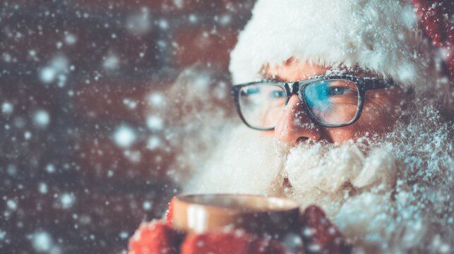 Santa holds a warm drink while snow falls around him during winter festivities - Powered by Adobe