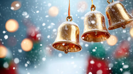 Festive holiday scene with shiny golden bells and snowflakes