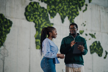 Business colleagues discussing sustainability with digital tablet