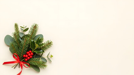Festive winter arrangement of evergreen pine branches, holly leaves, red berries, and eucalyptus tied with a red ribbon.