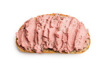Pate on a slice of bread isolated on white background.