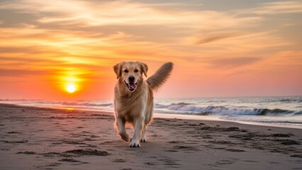 Golden retriever running on the beach at sunset with calm ocean waves and colorful sky
