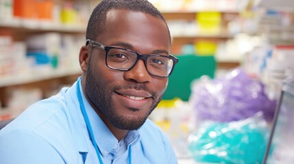 Smiling pharmacist in lab coat working in pharmacy during daytime