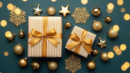 Cozy Christmas flat lay on a warm burnt orange background featuring gold and white striped gift boxes tied with satin ribbons, mixed with gold snowflake ornaments, star baubles, and round ornaments, s