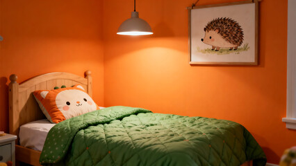 A cozy bedroom with orange walls, green bedding, a hedgehog picture, and a lamp creates a pleasant and restful environment.