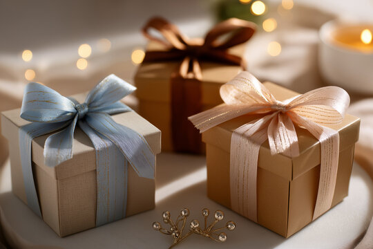 Minimalist Christmas gift boxes wrapped in kraft paper with soft pastel ribbons, placed on a smooth beige background with generous negative space, delicate festive accents, soft natural lighting, prem