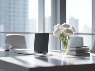 현대적 오피스 데스크와 노트북이 연출된 깔끔한 업무 공간