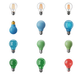 Naklejka premium png set of icons depicting various colorful light bulbs, showcasing innovation and bright ideas.