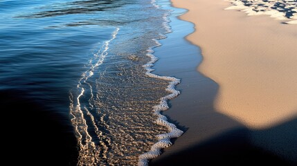 Coastal waves meeting the light beige sand.