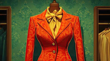 Ornate, orange blazer displayed on a mannequin in a vintage boutique.
