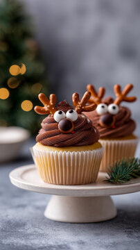 Cute Vanilla Cupcake with Chocolate Reindeer Frosting for Christmas