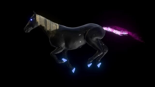 Futuristic carbon fiber horse galloping with glowing golden mane and transforming colorful circuit tail emitting particles in seamless loop - created by 3D modeling, Year of the Horse 2026 concept.