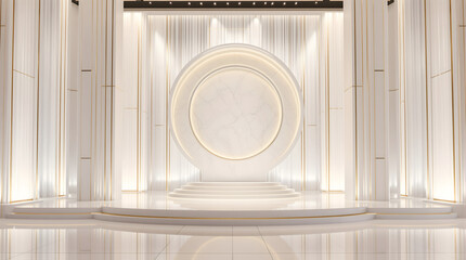 Luxury White Arch Interior with Golden Ambient Lighting, for stage background