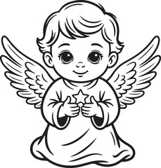 Cute Angel Coloring Page with Blank Face Photo Frame and Star – Printable Christmas Angel Template for Kids