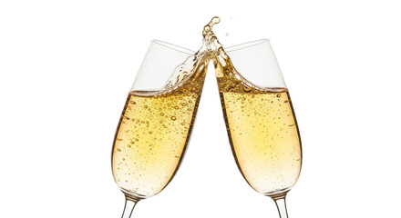 Two clear crystal champagne flutes with golden effervescent champagne mid-clink, dynamic bubbles, splash on transparent studio background, concept of success and celebration