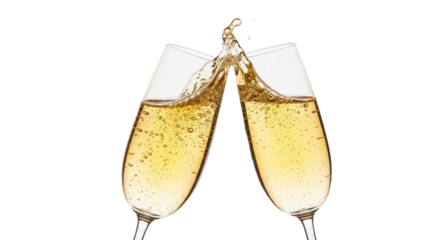 Two clear crystal champagne flutes with golden effervescent champagne mid-clink, dynamic bubbles, splash on transparent studio background, concept of success and celebration