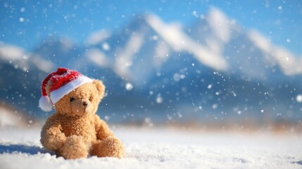 Teddy bear wearing a hat in snow with mountains in the background