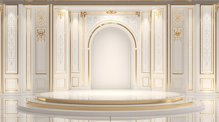 Luxury White Arch Interior with Golden Ambient Lighting, for stage background