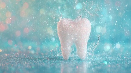 Sparkling water splashes around a large sugar tooth on a blue background